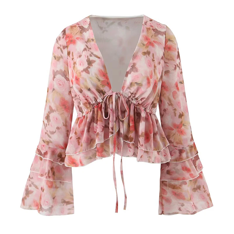 

YENKYE Chic Lady Floral Print Crop Shirt Front Lace Up Deep V Neck Flare Sleeve Ruffle Kimono Blouse 2026 Spring Summer Tops