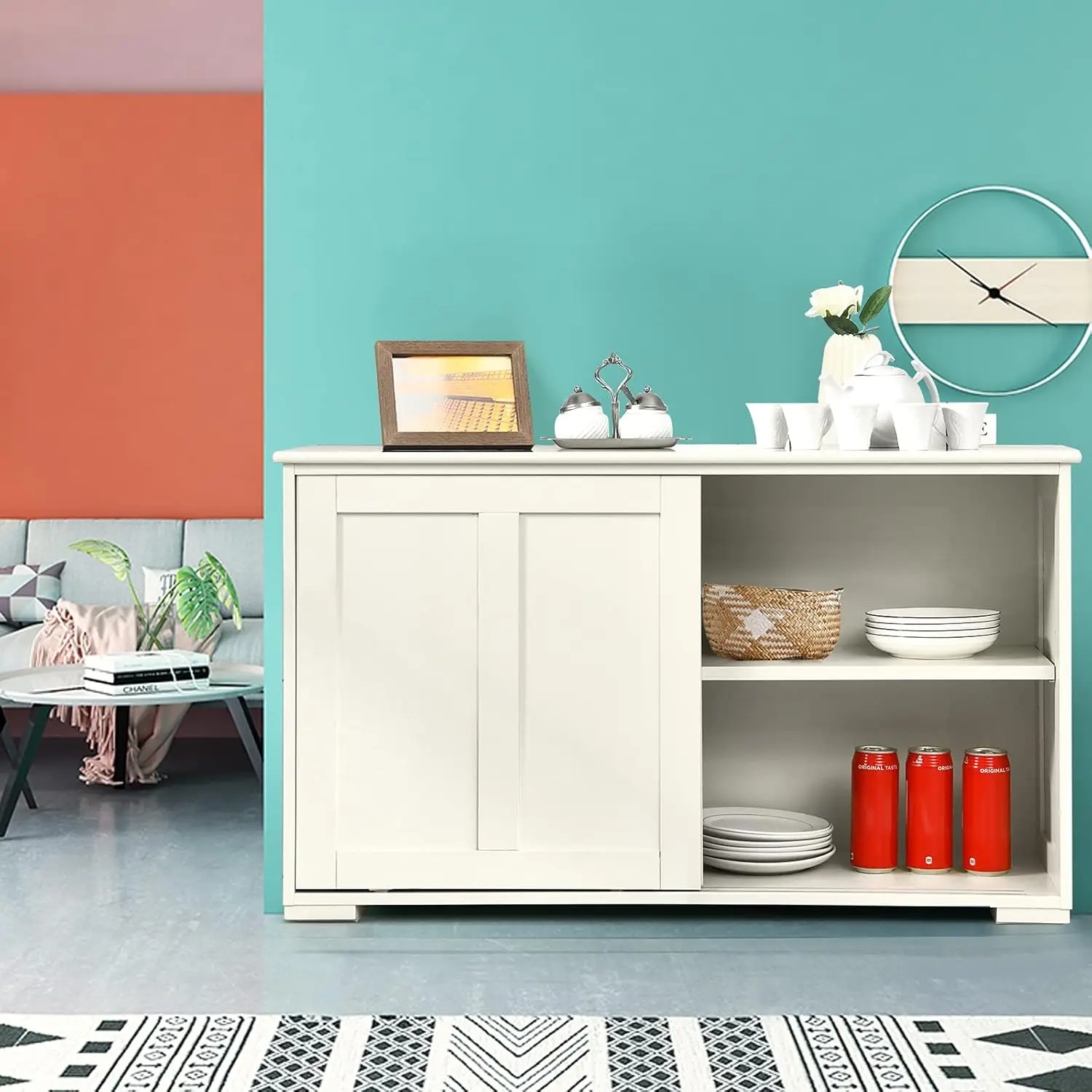 Sideboard Buffet Cabinet, Wooden Kitchen Storage Cabinet with Adjustable Shelf, Sliding Barn Door