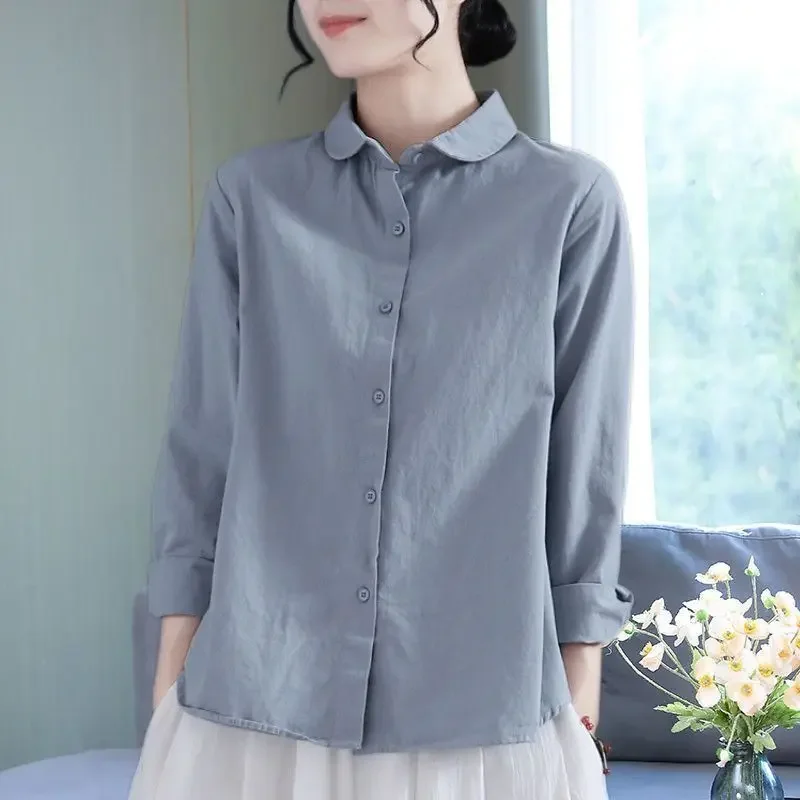 

Spring Summer Women's Clothing 2024 Loose Casual Blouses Solid Bottoming Neutral Turn-down Collar Simplicity Temperament Vintage
