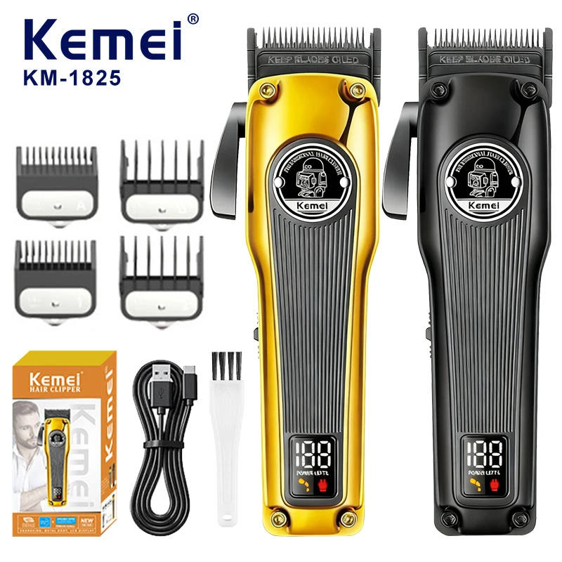 Kemei 1825 Barber Hair Clipper Brushless Motor DLC  Blade Hair Trimmer Rechargeable Cordless Electric Taper Hair Cutting Machine