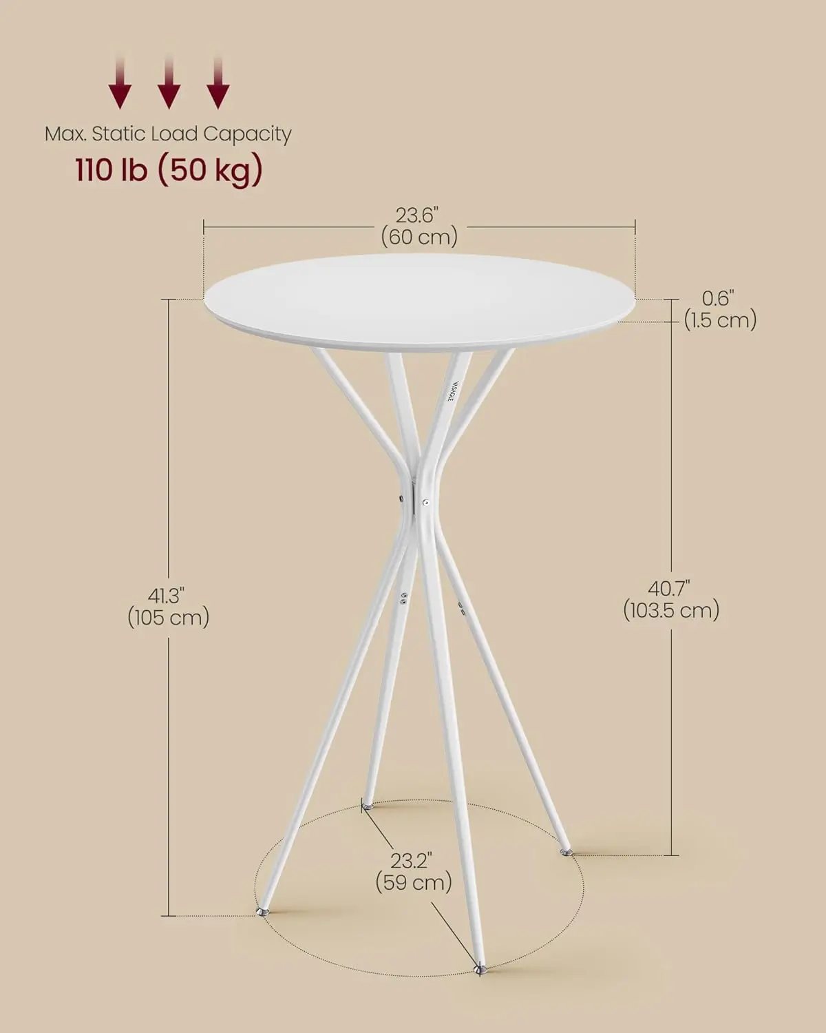 2-Pack Round Bar Tables, 41.3' High, White Metal Frame, Modern Kitchen & Home Bar, Easy Assembly
