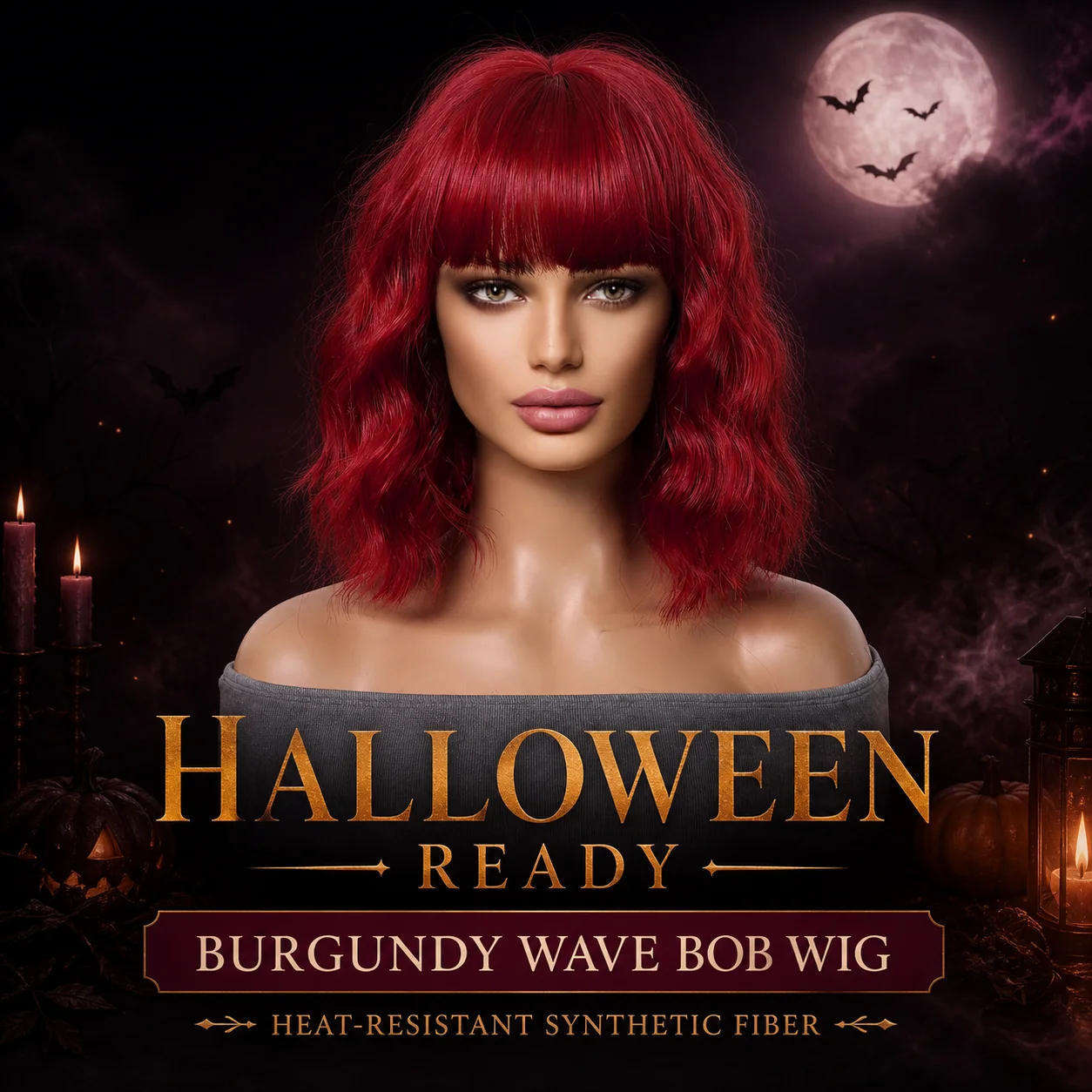 Burgundy Red Short Bob Wig with Bangs for Women Halloween Cosplay Costume Party Heat Resistant Synthetic Fiber Wavy Wig