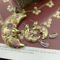 Vintage Boho Trends Sweet Flower Enamel Craft Moon Face Lnlaid with Diamond Pendant Earrings Women's Jewelry Party Accessories