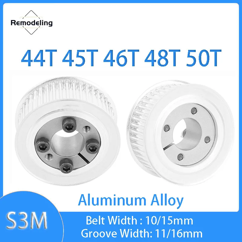 1pcs S3M Timing Pulley Keyless 44T 45T 46T 48T 50T Bushing Bore 5mm-20mm Aluminum Alloy Synchronous Wheel For Belt Width 10/15mm