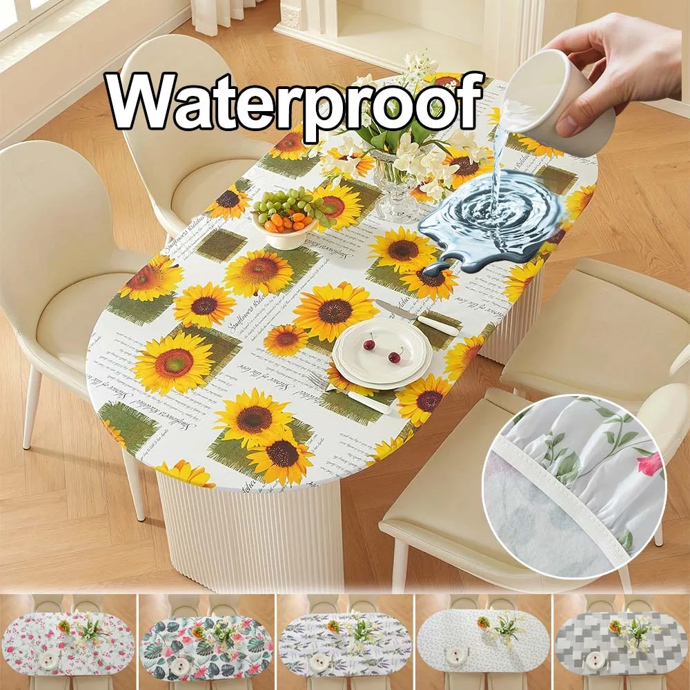 

1PC PVC Oval Tablecloth Waterproof Oil-Proof Table Fitted Cover Elastic Palm Leaf Pattern Tablecloths Reusable for Kitchen 식탁보