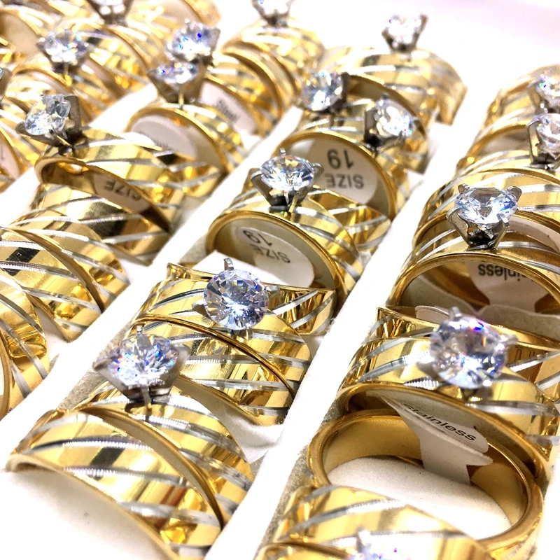 10 sets of Couple Rings For Men and Women Stainless Steel Gold Plated Sparkling Cubic Zircon Fashion Jewelry Wedding Bands