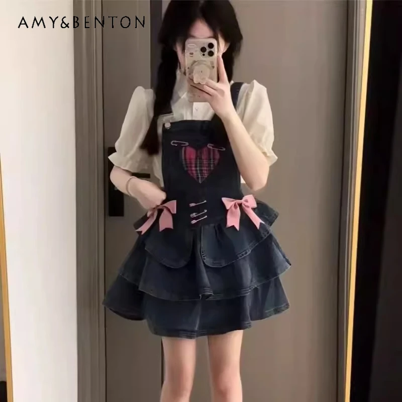 

Korean Design White Fresh Bubble Sleeve Short Shirt 2025 Summer Cute Sweet Age Reducing Denim Strap Cake A-line Dresses Ladies