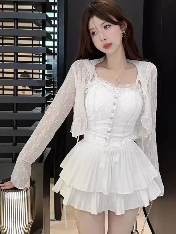 퓨어 디자이어 슬레 레이스 트림 벨트드 또는 오픈 카디건 스파이시 걸 벨 슬리브 자외선 차단 의류 에어컨 셔츠