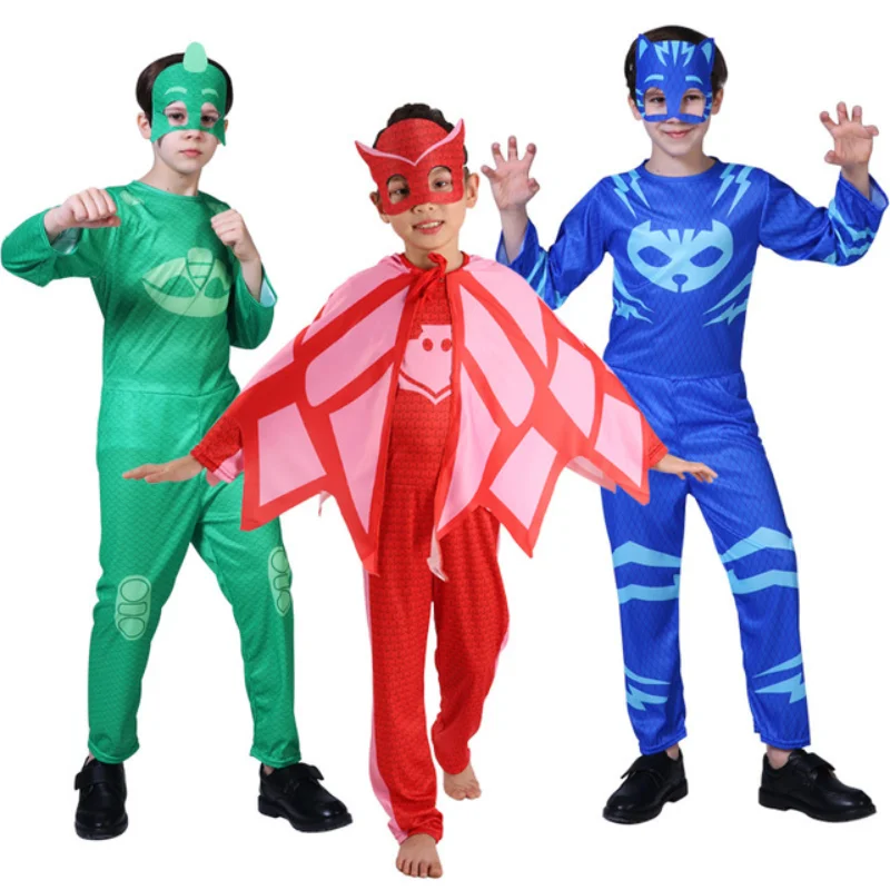 Blaue Katze Junge Eule Mädchen Overalls Cosplay Kostüm mit Maske Geburtstags feier rot grün Nachtwäsche Pyjama für Kinder Halloween Anzüge