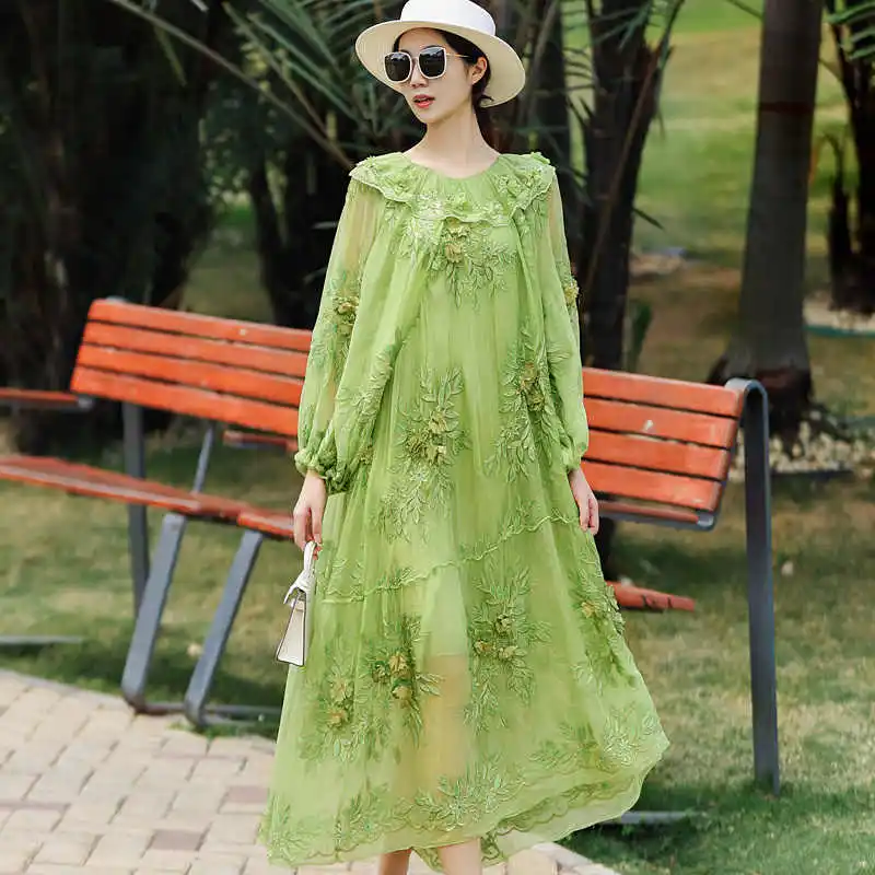 New Spring/Summer Lotus Leaf Collar Women's High End Silk  Embroidery Fashion Youth Elegant Vacation Beach Dress One Size