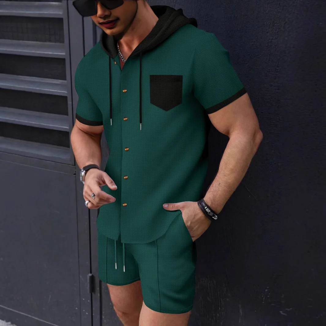 New men's hooded two-piece short-sleeved cardigan set, high-end waffle checkered casual jacket and shorts street sportswear set