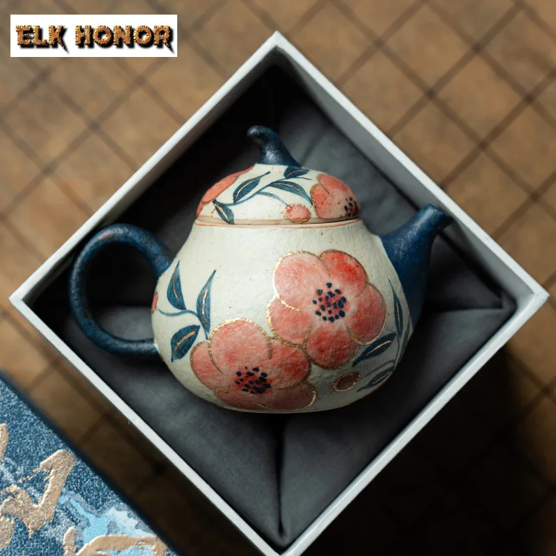 

140ml Hand-painted Peach Blossom Eggplant Teapot Antique Tea Infuser Pot Tea Brewing Kettle With Ball Hole Drinkware Collection