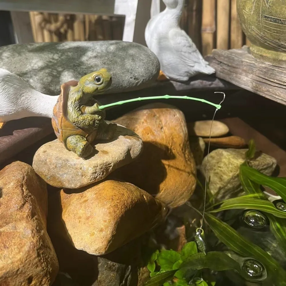 Rope Fishing Turtle Statue Animal Sculpture Resin Craft Fish Tank Ornament Flower Pot Decor Small Fishing Turtle Figure