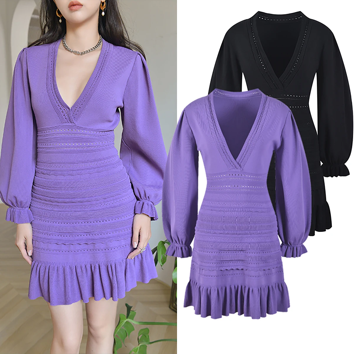

High-End Version S Home Design Spring Summer Sexy Large V-Neck Knitted Short Skirt Women Lantern Sleeve Hollow out Dress