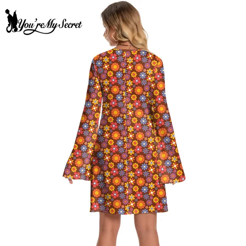 [أنت سري] فستان نسائي 60s 70s Go Go Retro Hippie Boho مزين بالزهور ديسكو فستان الهالوين للحفلات التنكرية