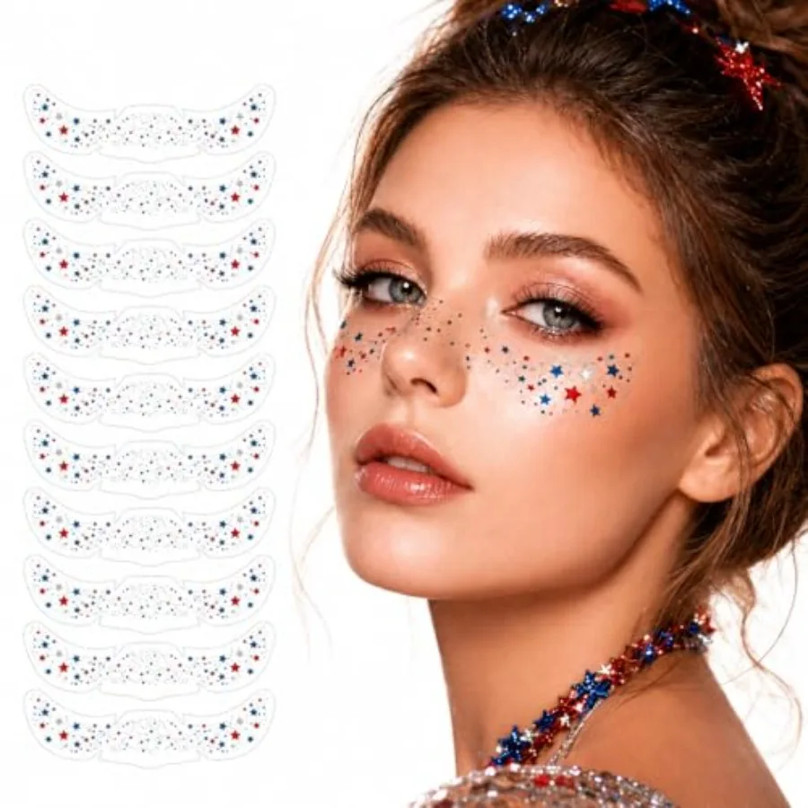 

4th of July Outfits for Women, 10 Pcs Red White Blue Face Tattoos Patriotic Body Glitter Stickers Star Freckle Face Stickers, I