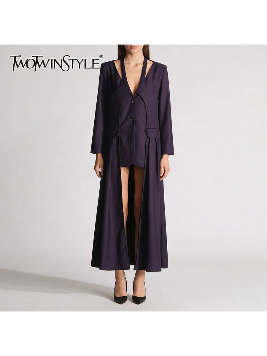 

Женский удлиненный блейзер TWOTWINSTYLE с V-образным вырезом, длинными рукавами, плиссировкой и асимметричным дизайном, новый