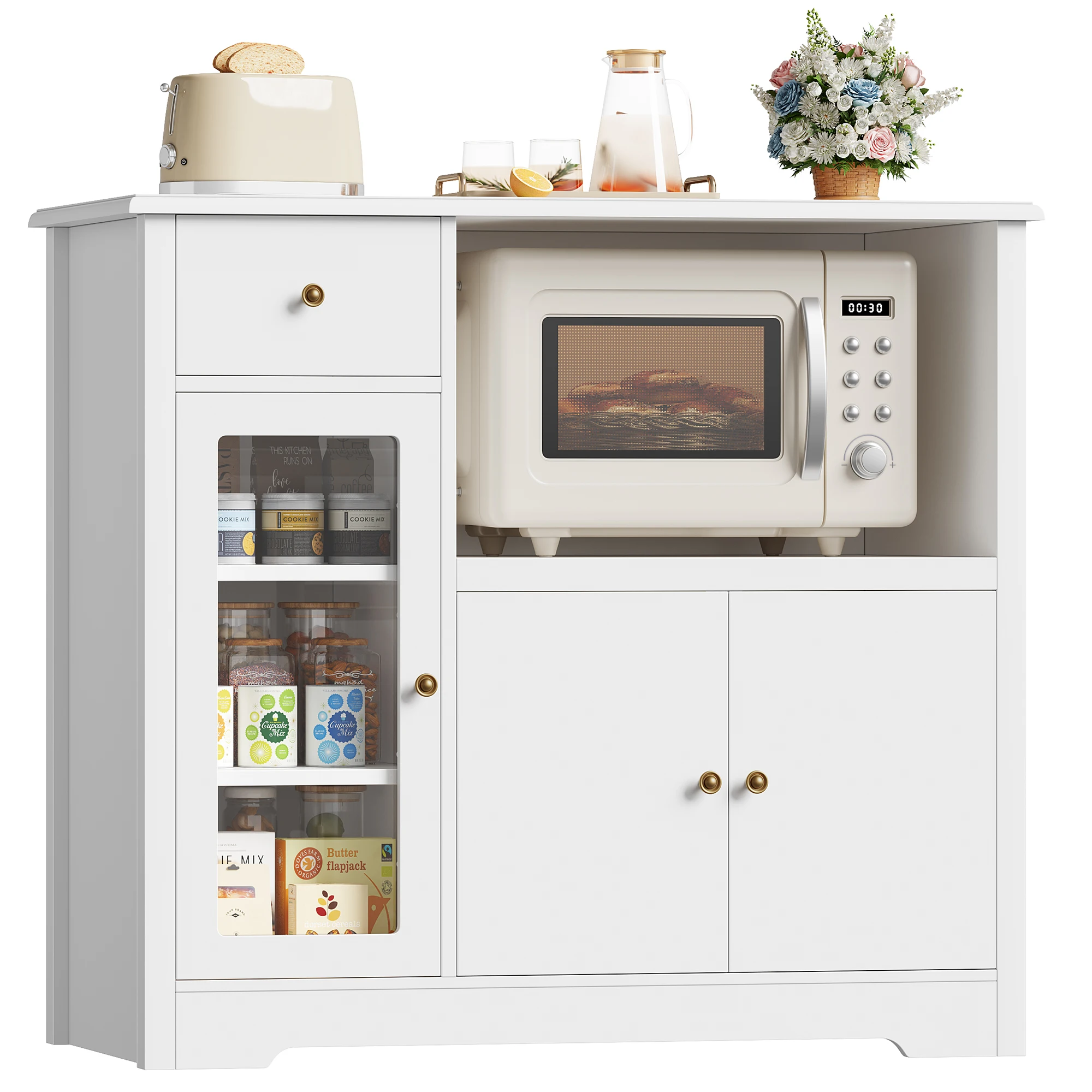 Küchenschrank mit Arbeitsplatte, Sideboard Küche mit Mikrowellenregal, Buffetschrank mit 1 Schubladen, 3 Tür, Verstellbare Ablag