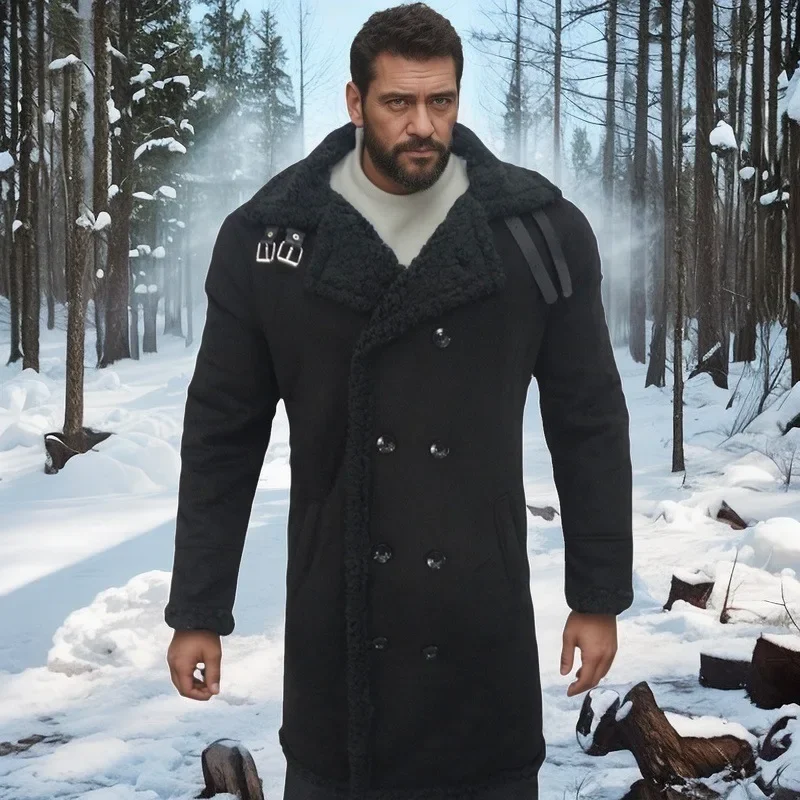 2024 New European and American Men's Winter Cold-proof and Freeze-resistant Fur-in-one Thickened Long Woolen Overcoat.