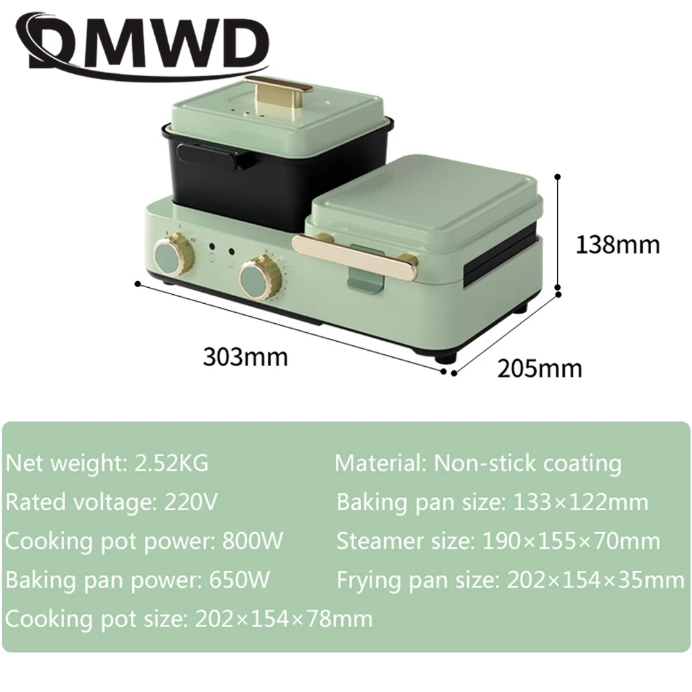 DMWD 4 in 1 Household Breakfast Machine 1.2L Electric Hotpot Boiling Pot Sandwich Maker Food Steamer Frying Pan Bread Toaster