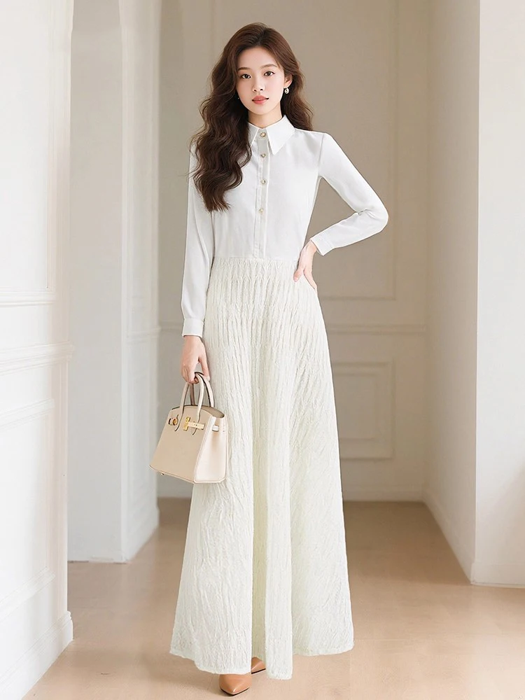 New Women Elegant Gentlewomen Knitted Patchwork Dress Fashion Turn-down Collar Slim Waist Shirt Style Dress Business Long Dress