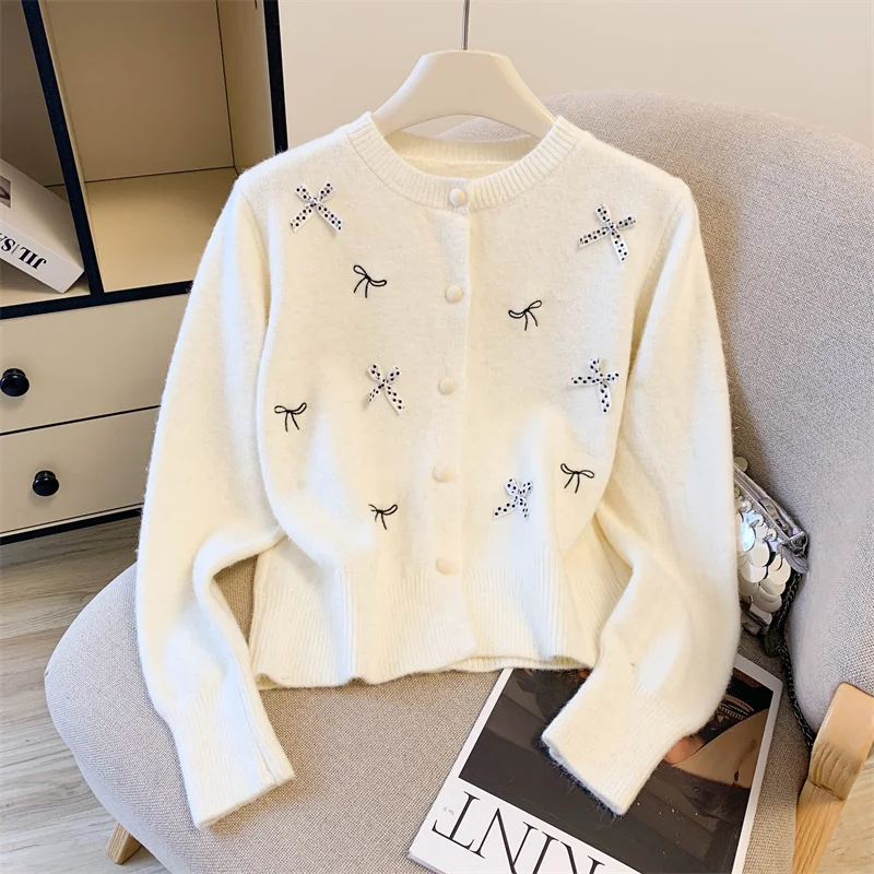 

Diamonds Beaded Cardigan Sweater Women 2026 Spring Long Sleeve Single-breasted Knitwear Tops Elegant Stylish Chic Ladies Jumpers