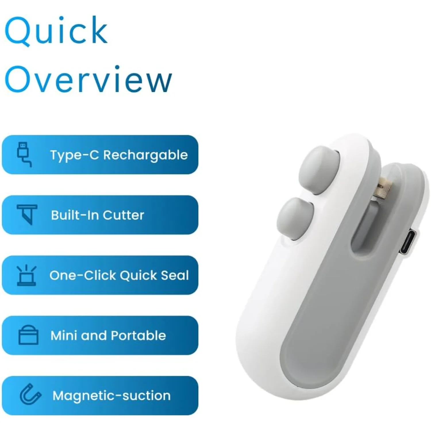 Mini Bag Sealer, USB-C rechargeable Bag Sealer, 2 in 1 Bag Sealer Heat Seal with  and Magnet, Mini Bag Resealer Machine for Plas