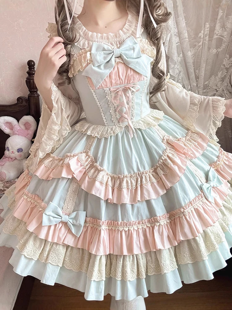 オリジナルスイートロリータ女性バレエスタイルキュートスイートケーキドレス日本のかわいい学生ティーパーティーストラップロリータドレス