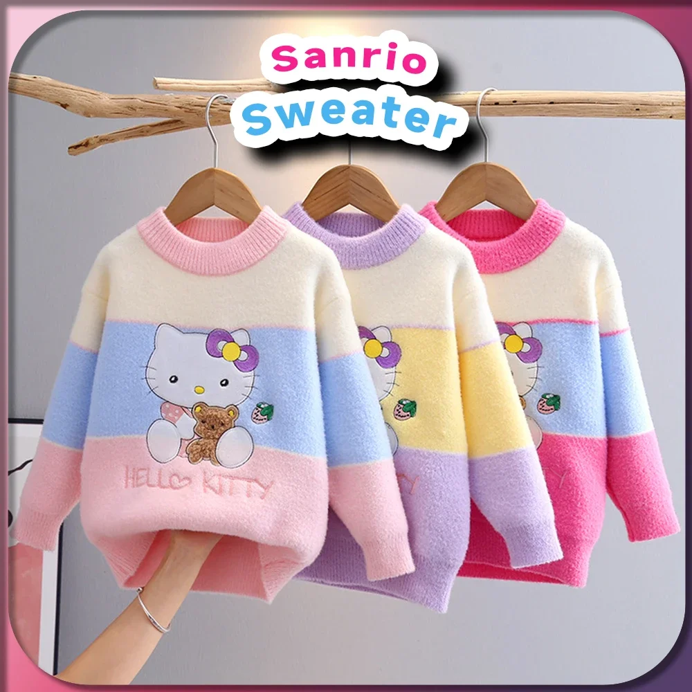 Kawaii Hello Kitty Kids Cute Autumn Winter Knit Sweater Pullover Sanrio Clothes Fashion Girls Long-sleeves Warm Round Neck Top