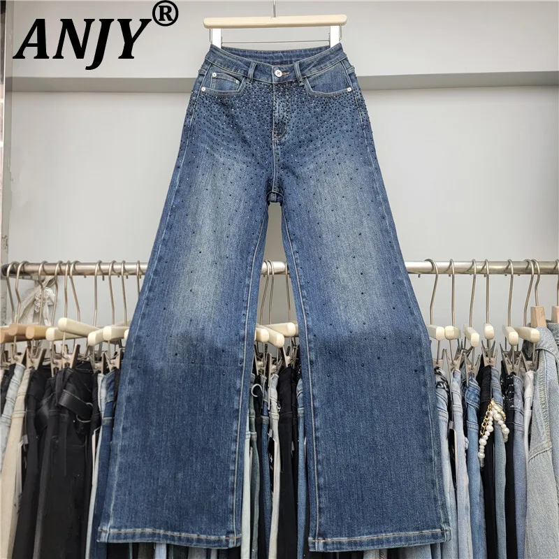

ANJY Autumn New Women Ins Jeans Heavy Craft Studded Diamonds Straight Slimming High Street Elegant Fashion Y2K Denim Pants A9339