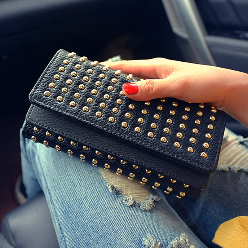 Famous Brand Luxury Pop Punk Rivets Long Women Vintage Multifunction Coin Pocket Purse Card Holder Female Clutch Wallets