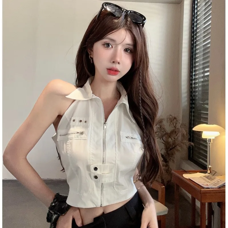 

American Retro Hot Girl Turn-down Collar Halter Neck Workwear Vest Women Summer Unique Short Sleeveless Top Outerwear