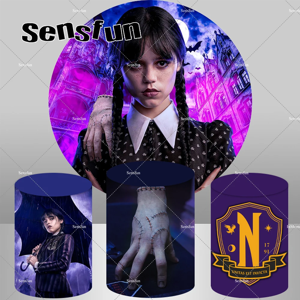 

Wednesday Addams Round Backdrop Kids Birthday Party Circle Background Nevermore Academy Photo Banner Pedestal Covers Elastic