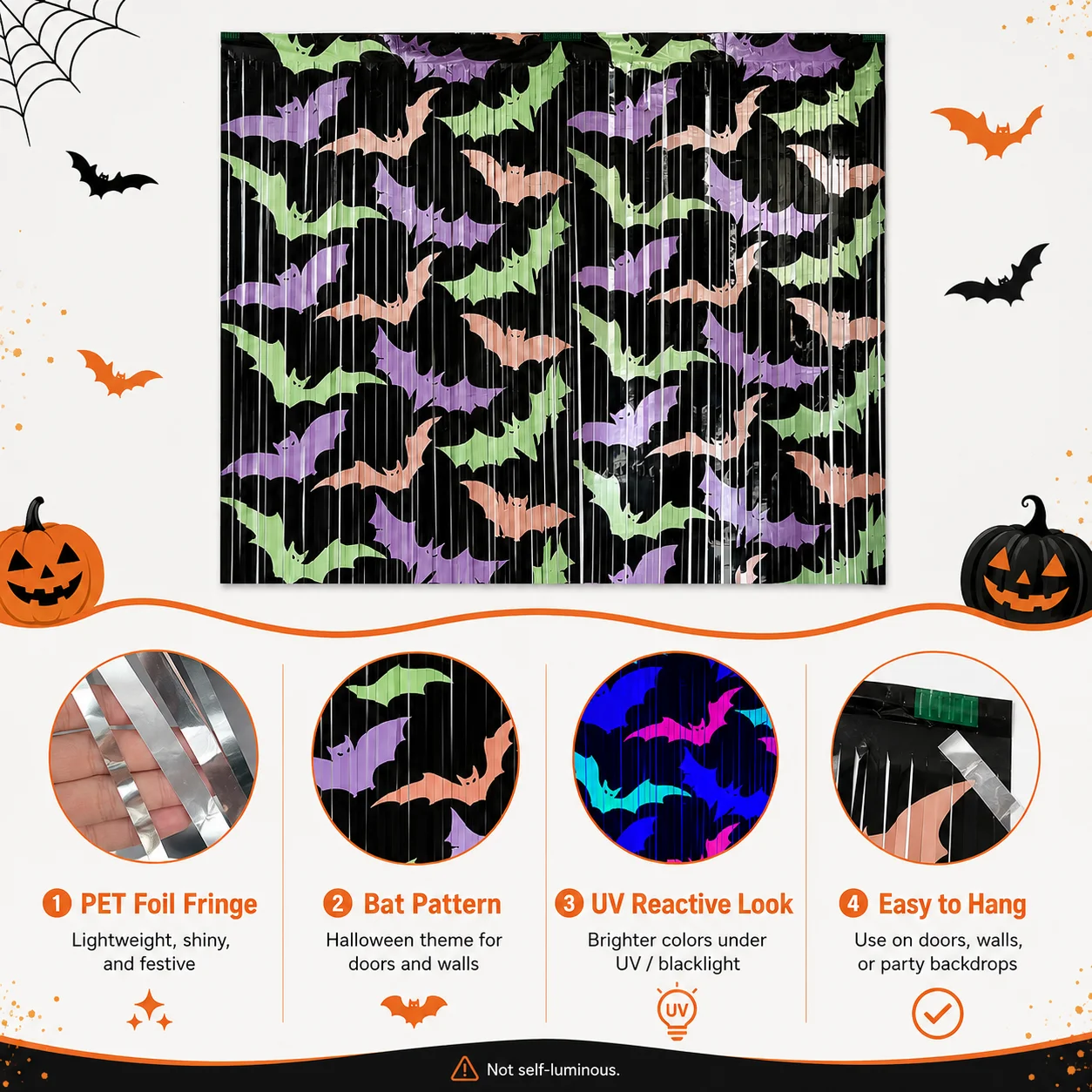 1x2m Halloween Bat PET Foil Fringe Curtain, UV Reactive Tinsel Backdrop for Blacklight Party Doorway Photo Booth Decor