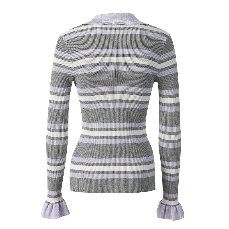Gray Color Clash Stripe Knitted Jackets Single Breasted V-neck Knitwears Long Flare Sleeves Slim Split Casual Stylish Short Tops