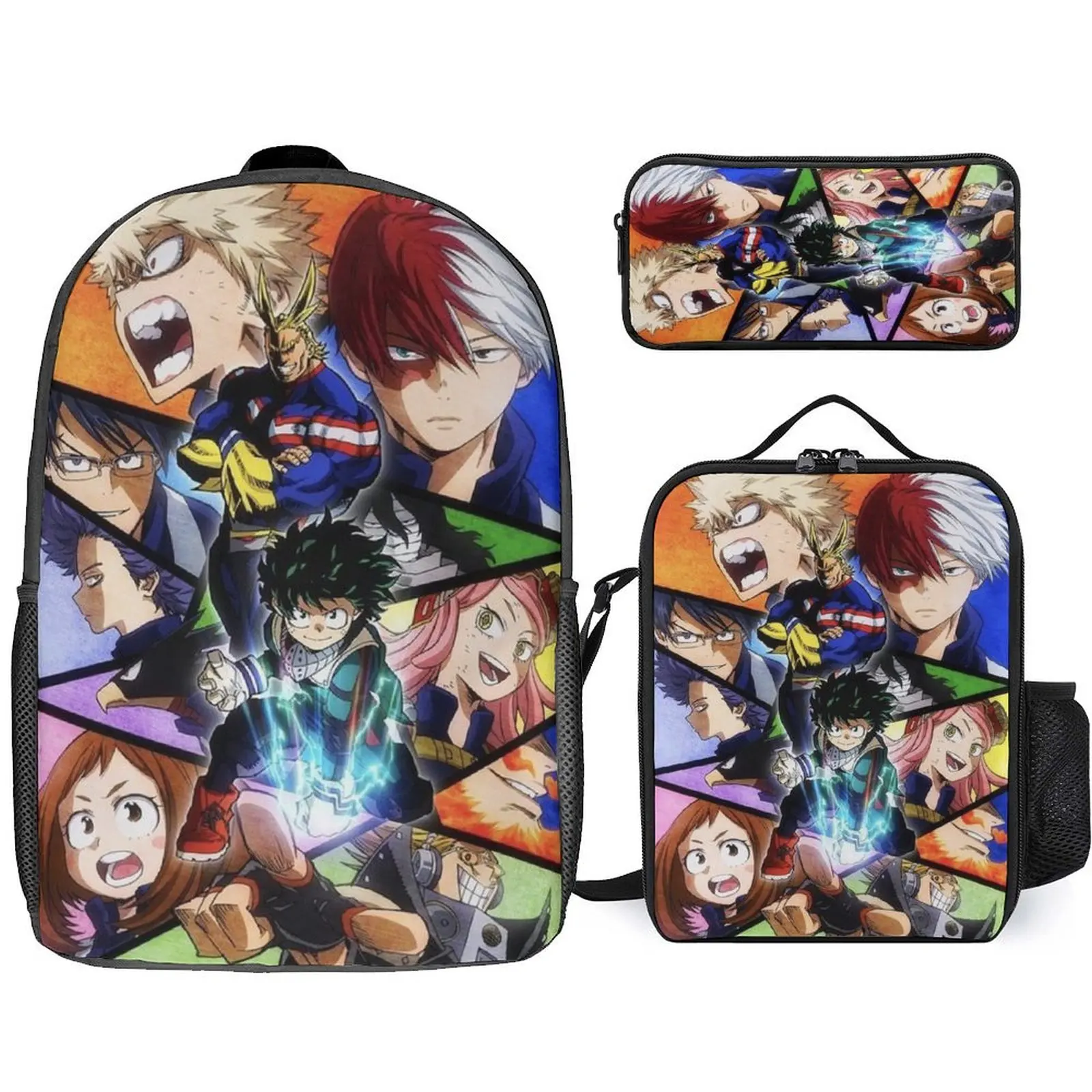 Mochila escolar personalizada, regalo sorpresa de la temporada de regreso a la escuela para niños y niñas, bolsa de comida, bolsa para bolígrafos, Anime Hero, impresión 3d, 3 piezas