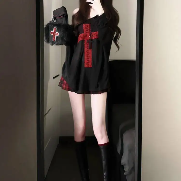 Y2K Black Mesh T-Shirt Women Summer American Hot Girl Cross Subculture Loose Slimming Sun Protection Top Oversized Long Sleev...