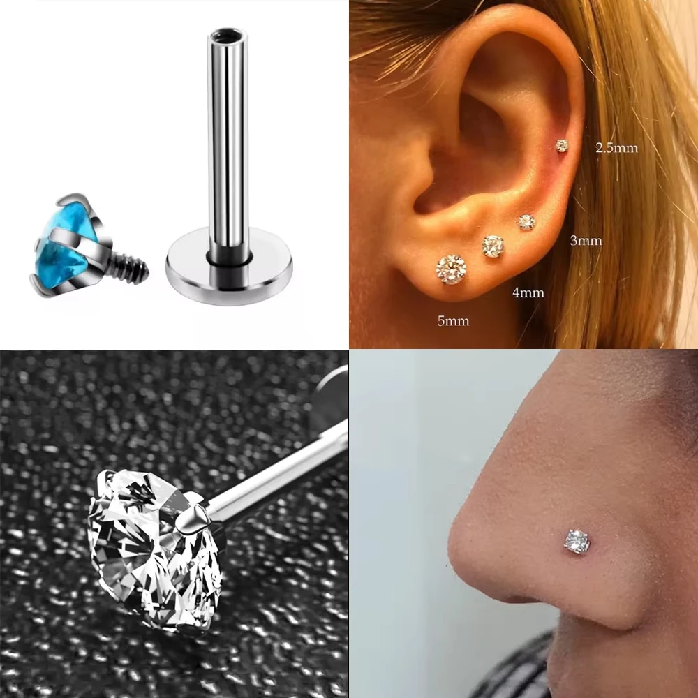Colorful 5A+ Zircon Threaded Earrings G23 TItanium 3/4mmCZ Labret Stud Piercing Nose Studs Four Prong Fine Jewelry for Women