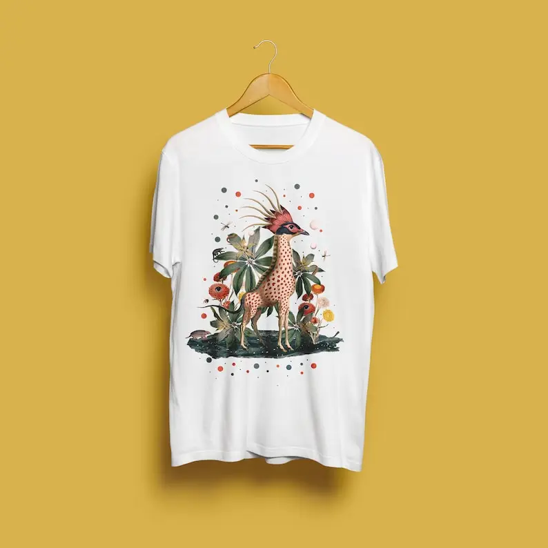 Unisex t-shirt with exclusive,original,weird, surreal, psychedelic, colorful design,, flowers and animals like the giraffe.