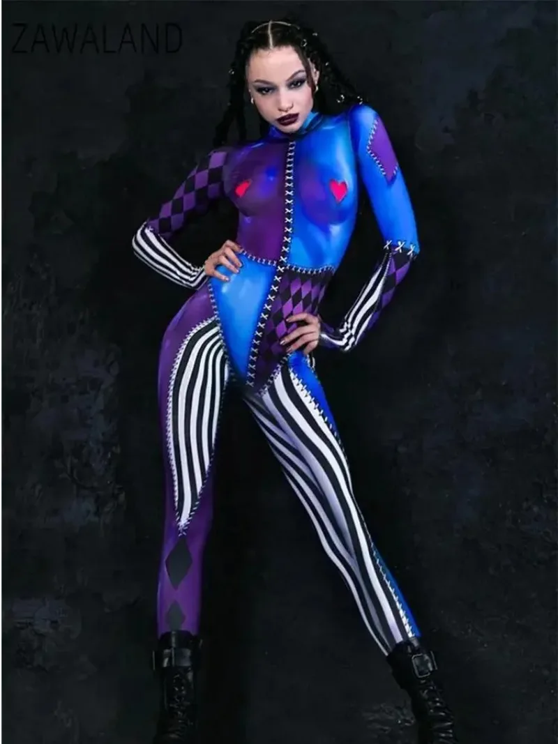 

Funny Cosplay Clown Costume Disguise Outfit Carnival Halloween Party Long Sleeve Fitness Zentai Bodysuit Women Jumpsuit