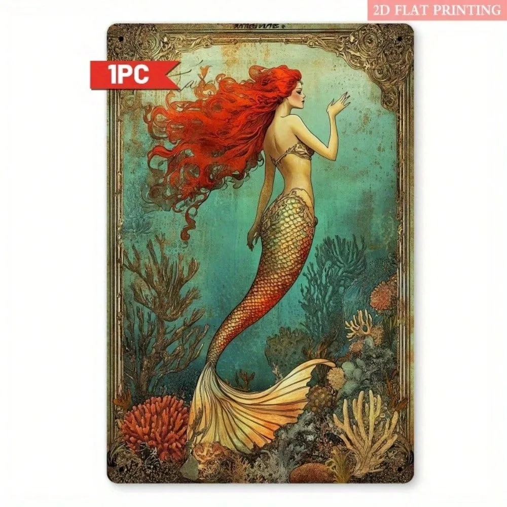 

Vintage Tin Metal Signs 8x12 Inch Mermaid Wall Art Coastal Rustic Home Kitchen Decor