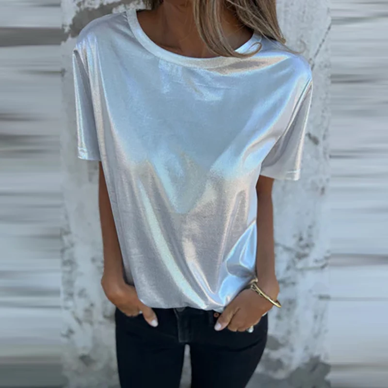 Spring And Summer Women\'s Short Sleeved Satin Shirt Loose Casual Round Neck T Shirt Simple Versatile Commuter T Shirt Tops