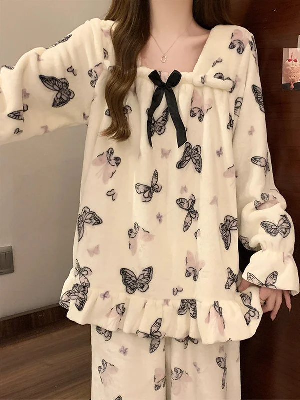 

Women's Coral Fleece Pajamas Thickened Flannel Home Clothes Set Sweet Design Autumn Winter Warm Long Sleeve Sleepwear