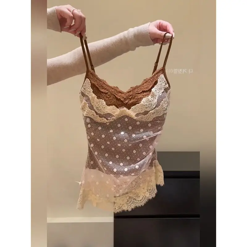 Retro Top na ramiączkach z koronką w grochy, damski, letni, nowy styl, bez rękawów, odzież wierzchnia, seksowny top do noszenia pod spód, top na ramiączkach z koronkowym wykończeniem.