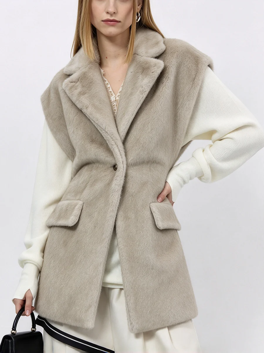 LIMO Women Lapel Faux Mink Fur Vest Single Button Sleeveless Warm Waistcoat Winter Outerwear