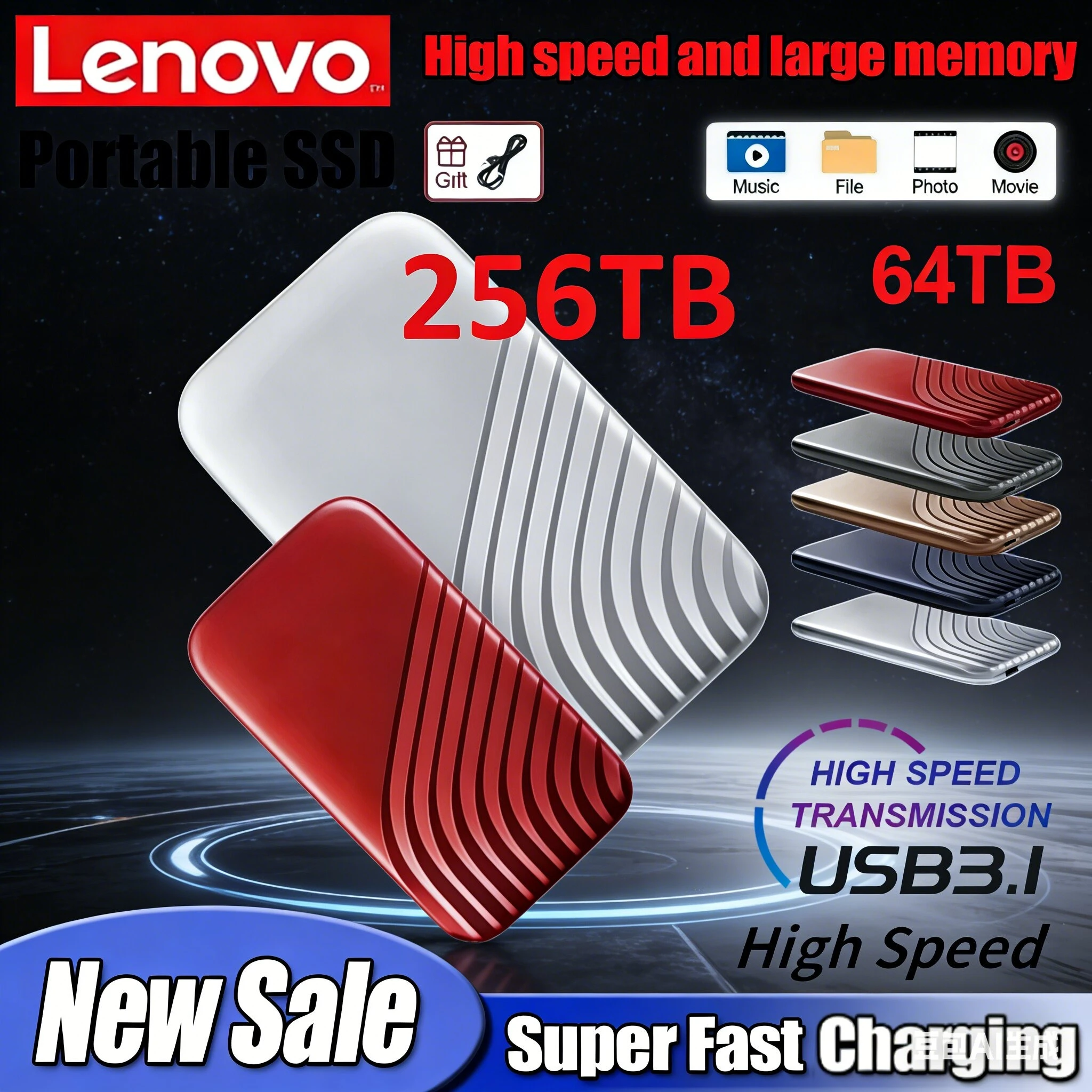 

Внешний SSD-накопитель Lenovo Type-C USB3.1 высокоскоростной 2ТБ 4ТБ 8ТБ, портативный жесткий диск для ноутбука