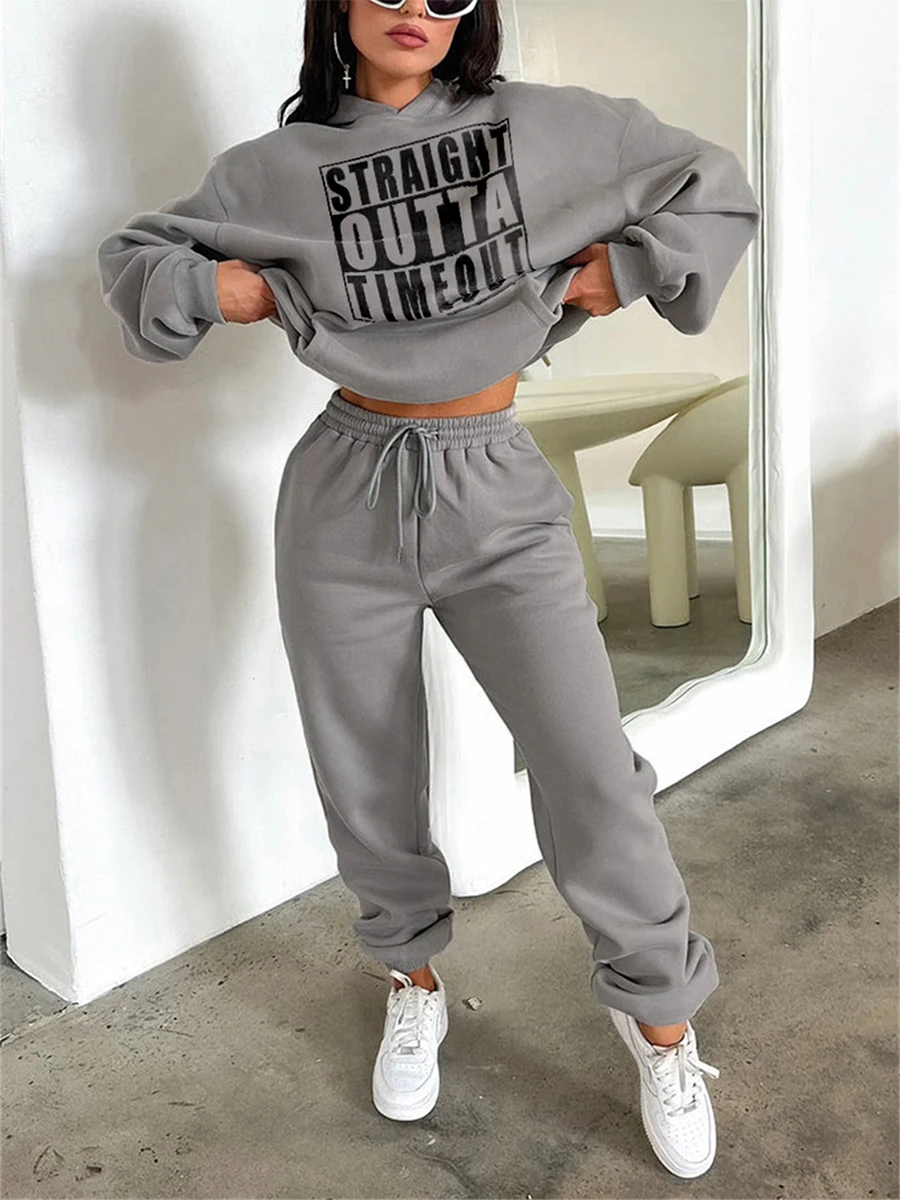 

Women Pants Set 2 Pieces Long Sleeve Letters Print Hooded Hoodie and Sweatpants Activewear Tracksuits for Work Out Sports