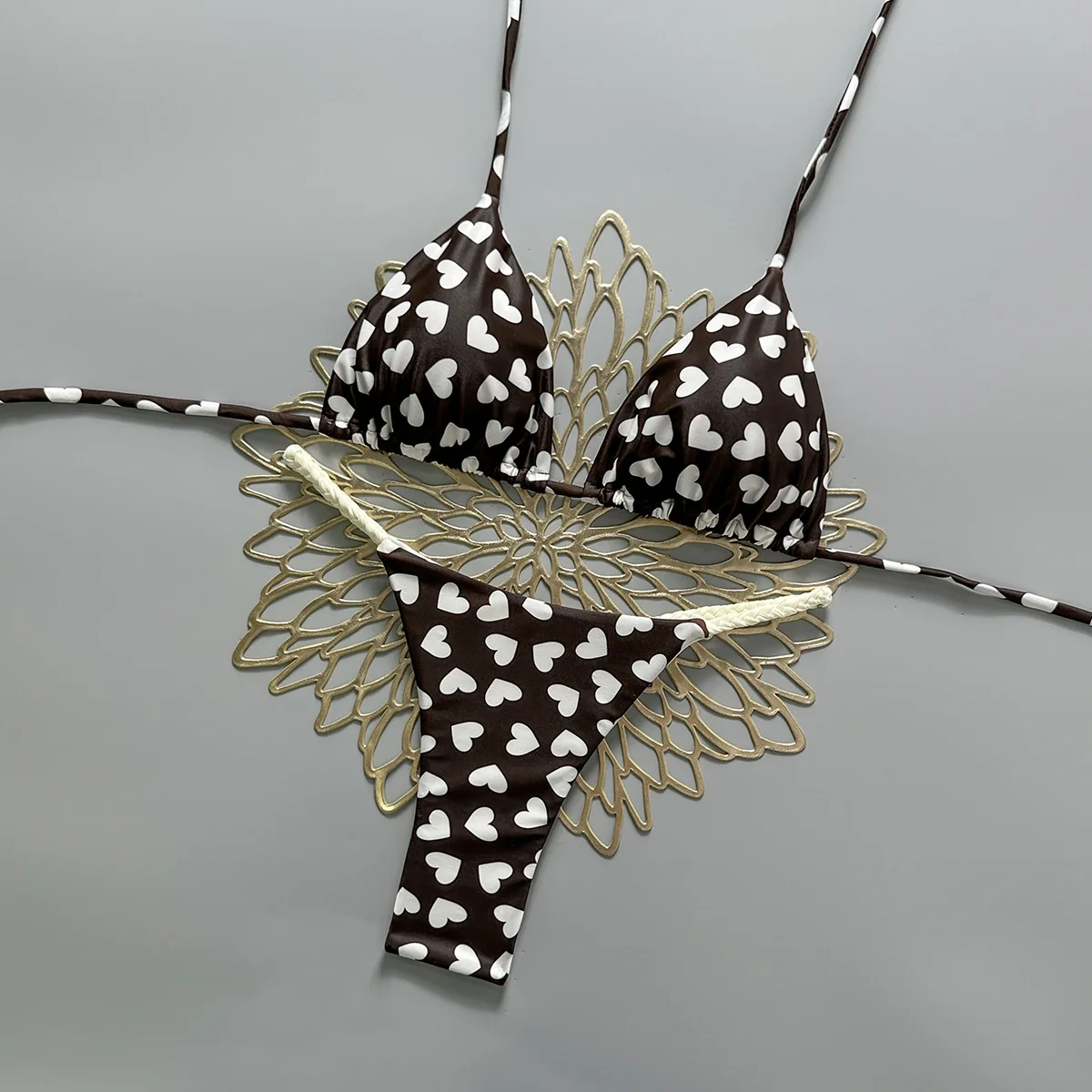 

sexy coffee heart print micro bikinis sets two pieces halter back tie thong swimsuits bathing suit swimwear biquini tankini