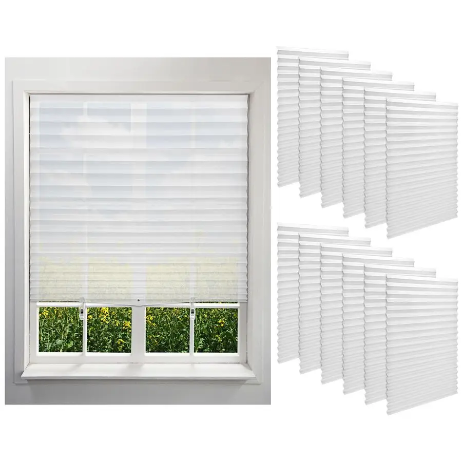 

12 Pack Filtering Temporary Blinds for Windows, 35 x 71 Inch Cordless Pleated Light Filtering Fabric Shade Self Adhesive Pleated