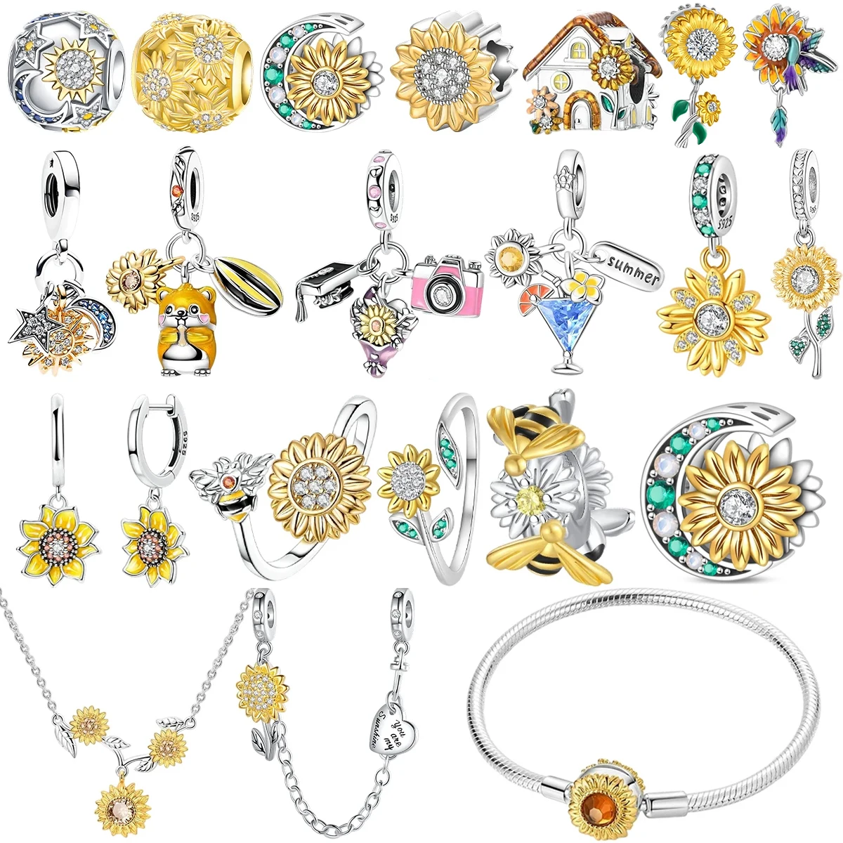 Cuentas colgantes de girasol de Plata de Ley 925, dijes de plantas doradas, gemas doradas, pulseras de diamantes, collares, joyería DIY para mujer